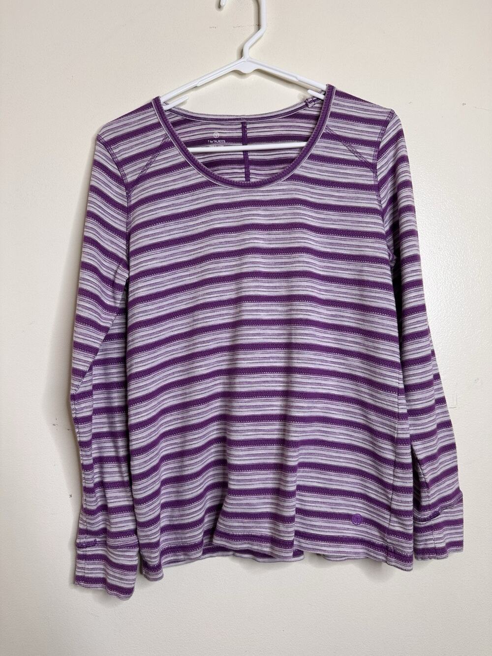 T By Talbots Size Medium Purple White Stripe Knit Top Long Sleeve Textured Light